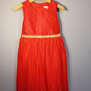 Tahari Girl Red Glittery Gold Pleated Christmas Holiday Special Occasion Dress6X